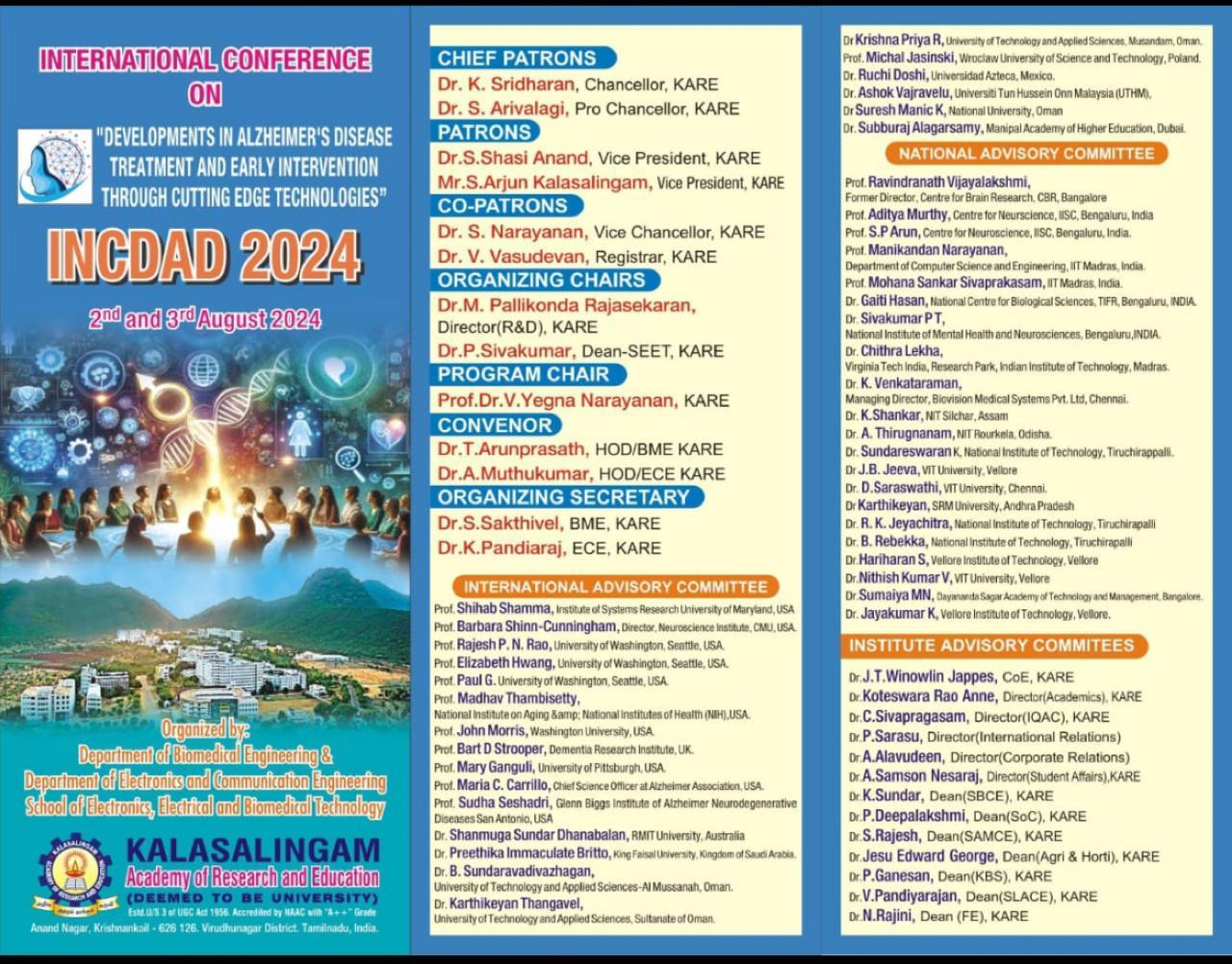 International Conference on "Developments in Alzheimer's Disease Treatment and Early Intervention through Cutting Edge Technologies" (INCDAD 2024), Virudhunagar, Tamil Nadu, India