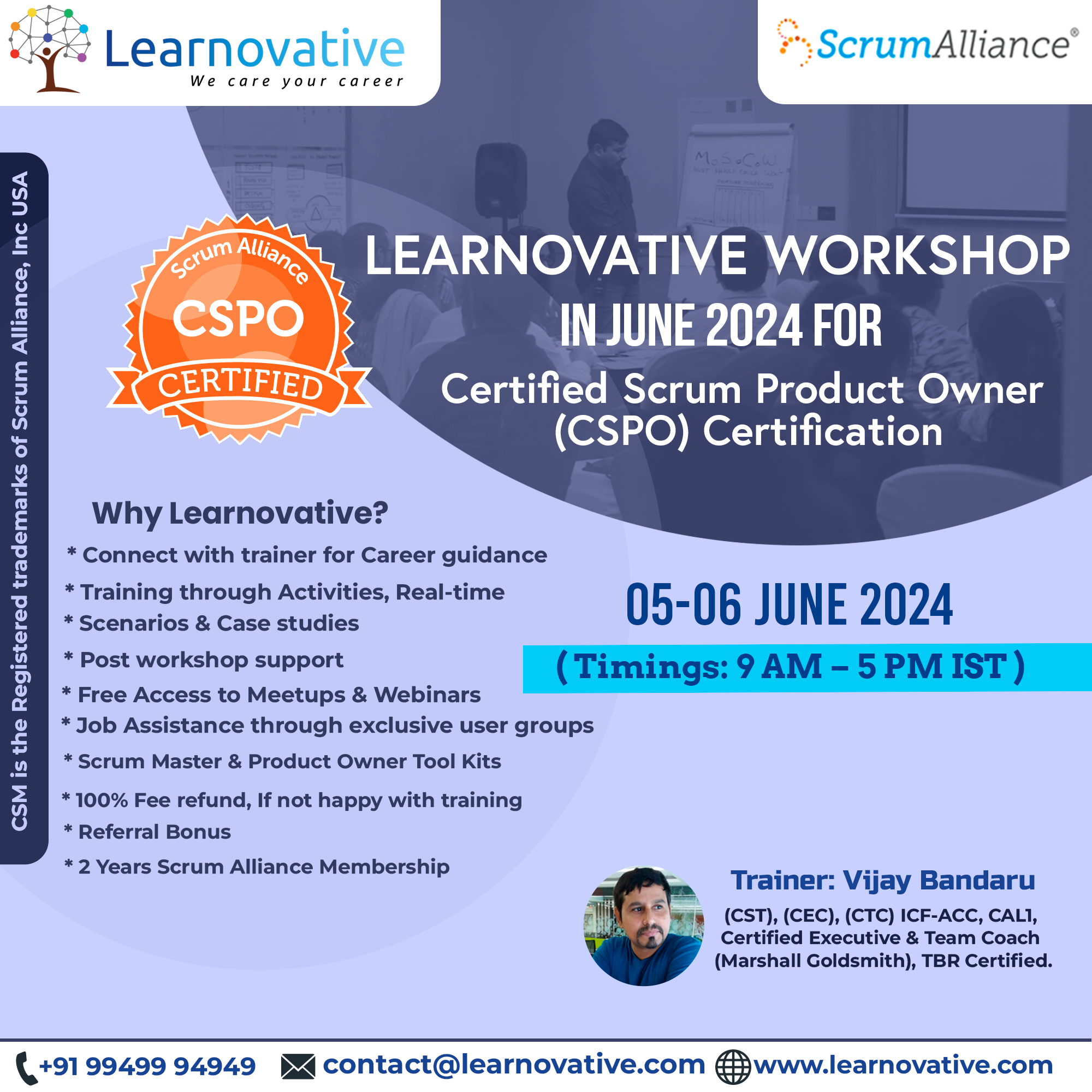 CSPO Certification Live Virtual Classroom (LVC) Online Training Class on 5-6 June 2024 | Learnovative, Online Event