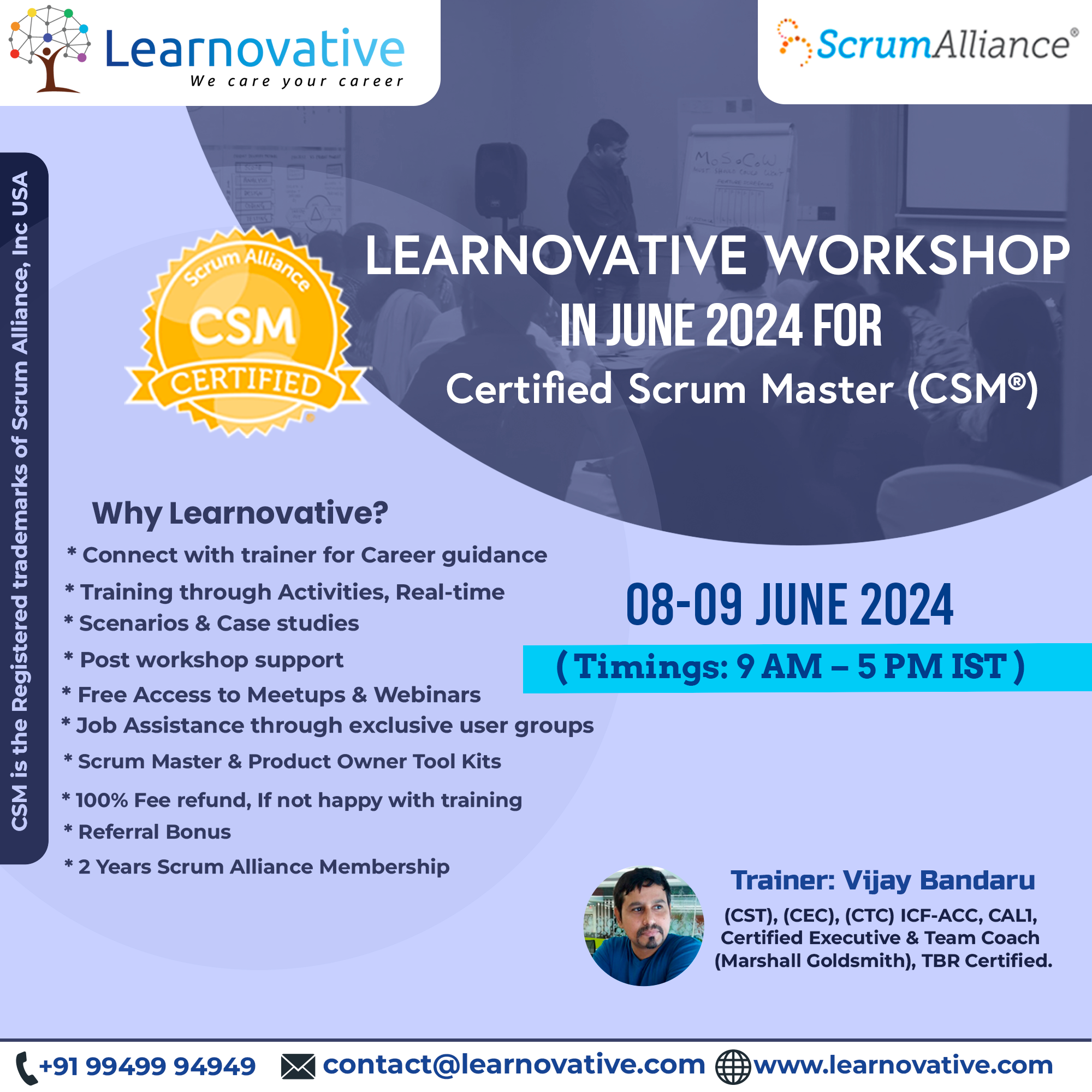 Certified Scrum Master (CSM) Certification Online Training Class on 8 - 9 June 2024 | Learnovative, Online Event