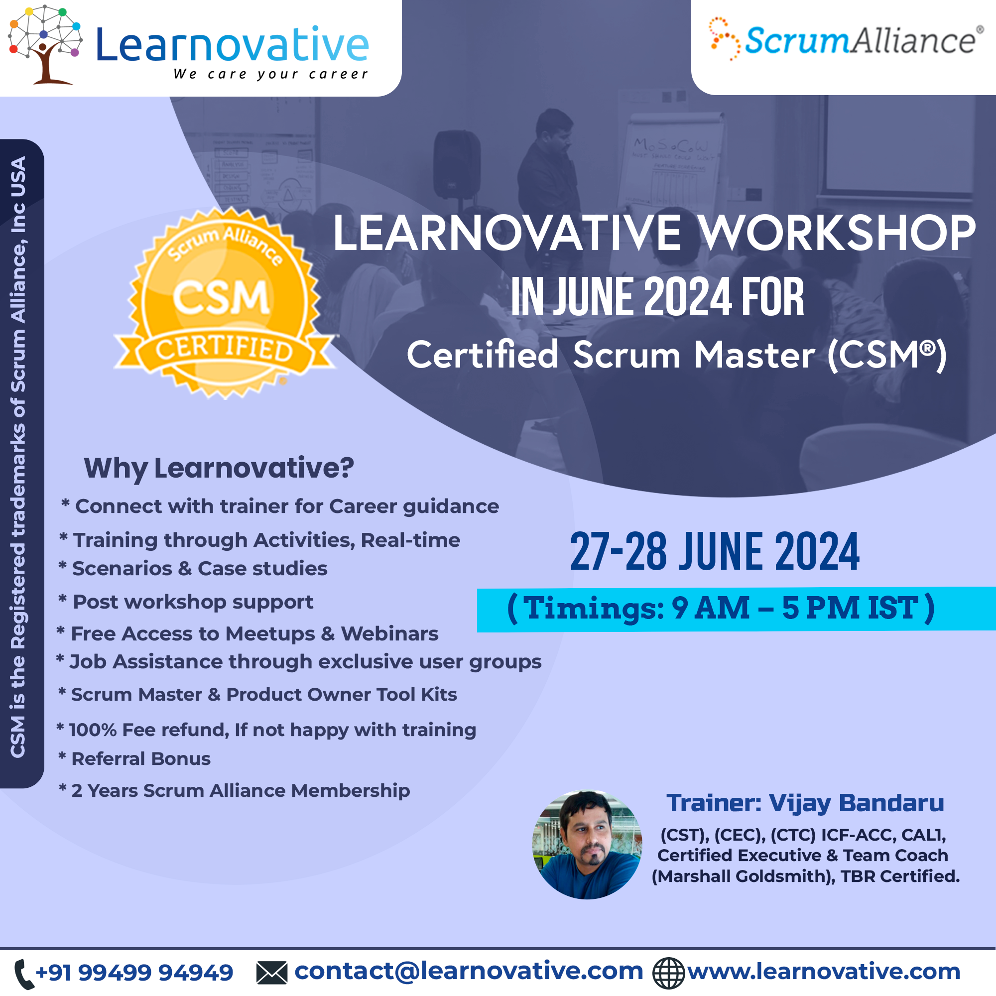 CSM Certification Live Virtual Classroom (LVC) Online | June 27-28, 2024 | Learnovative, Online Event