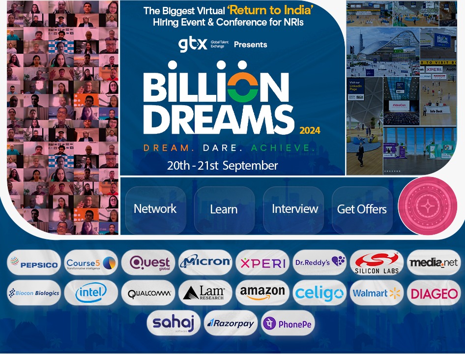 Billion Dreams 2024 - 'Return to India' Hiring Event & Conference for NRIs, Online Event