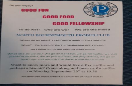 Probus Coffee Morning Monday 23rd September at 10.30, Bournemouth, England, United Kingdom