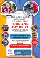 5th Annual Holiday Food and Toy Drive on November 9, 2024 from Noon to 4 PM in Newtown, PA