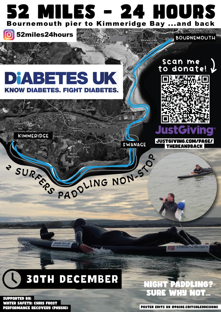 52miles24hours charity surfboard paddle for DiabetesUK, Bournemouth, England, United Kingdom