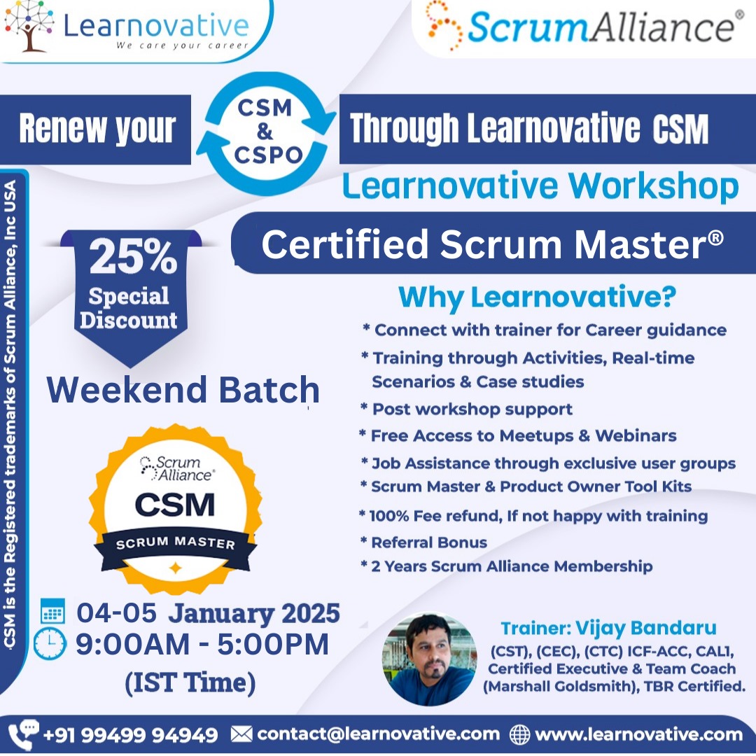 Certified Scrum Master (CSM) Certification | 04th - 05th January 2025 | Learnovative, Online Event