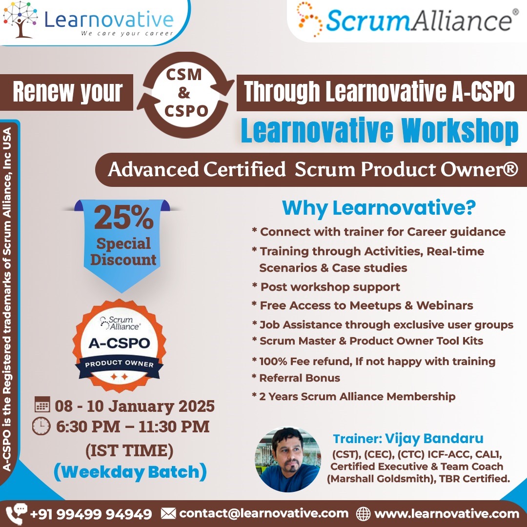 Advanced Certified Scrum Product Owner (A-CSPO) Certification | 08th - 10th January 2025 | Learnovative, Online Event