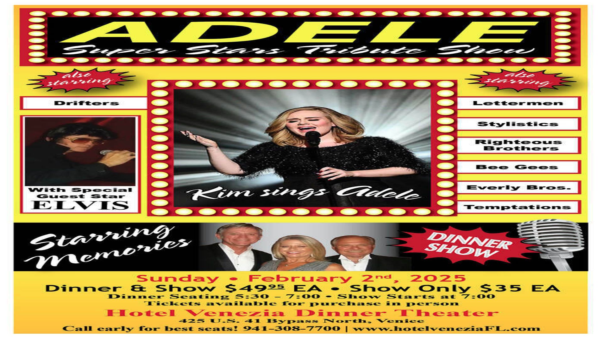 "ADELE" SUPERSTAR TRIBUTE DINNER SHOW featuring "Memories", with Kim, Dave and Chris, Venice, Florida, United States