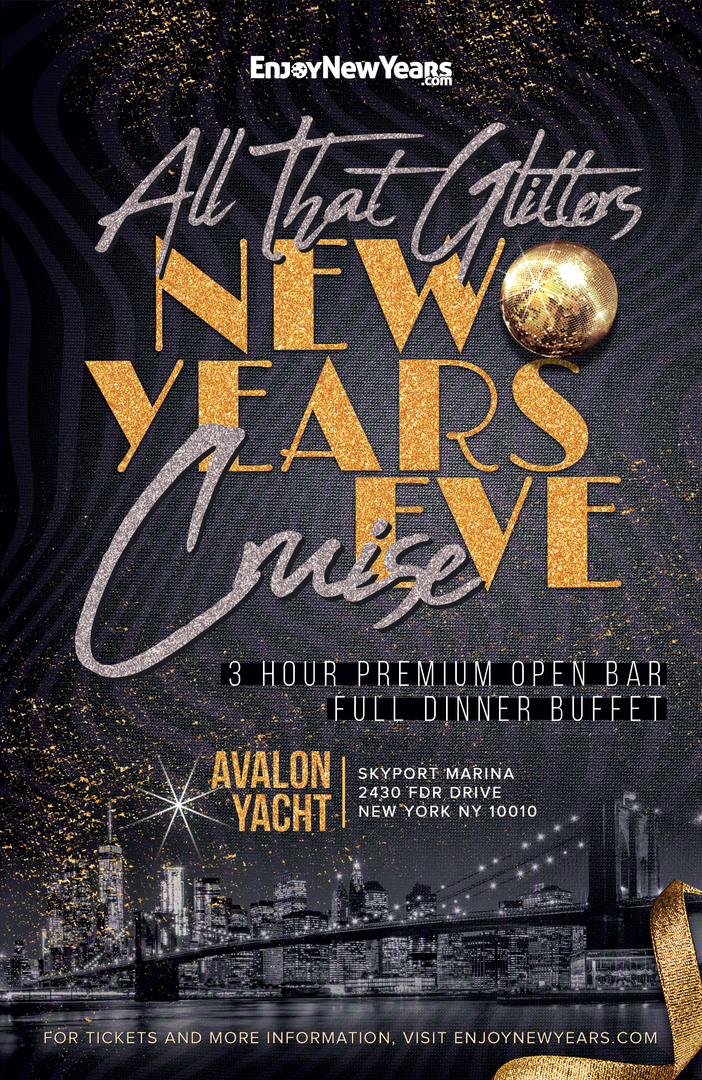 All That Glitters New Year's Eve Fireworks Cruise 2026 on the Avalon Yacht with Open Bar, Buffet, DJ, New York, United States