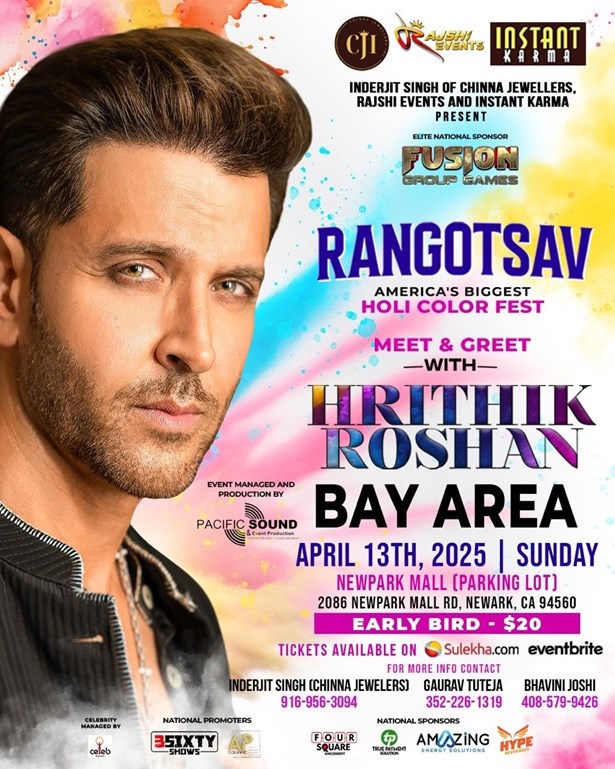 Rangostav Holi Meet and Greet with Hrithik Roshan - Bay Area ( Free Parking), Newark, California, United States