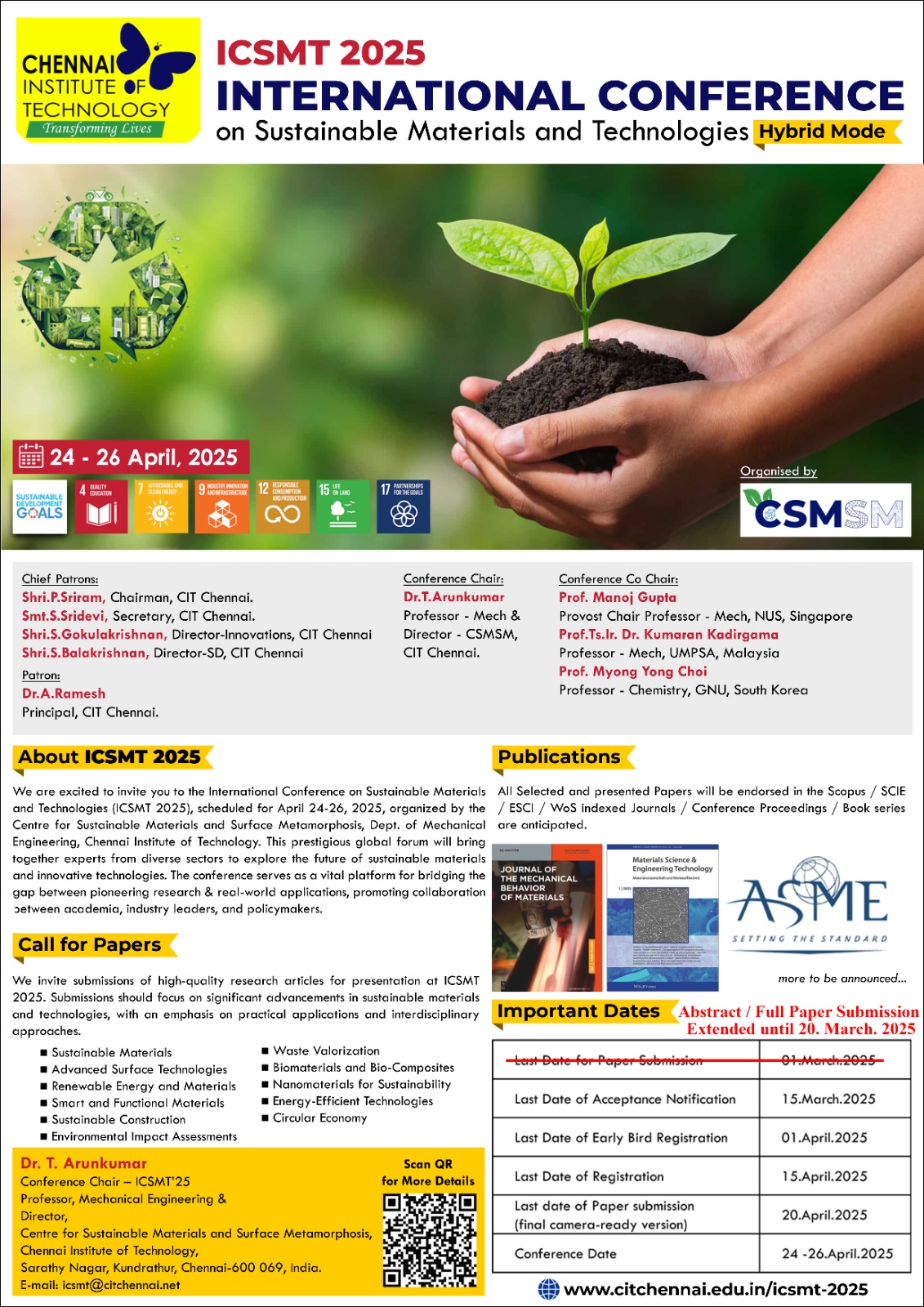 International Conference on Sustainable Materials and Technologies, Chennai, Tamil Nadu, India