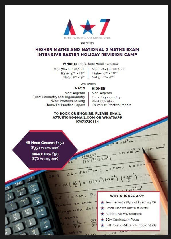 Scottish Higher and Nat 5 Maths Intensive Easter Holiday school, Glasgow, Scotland, United Kingdom