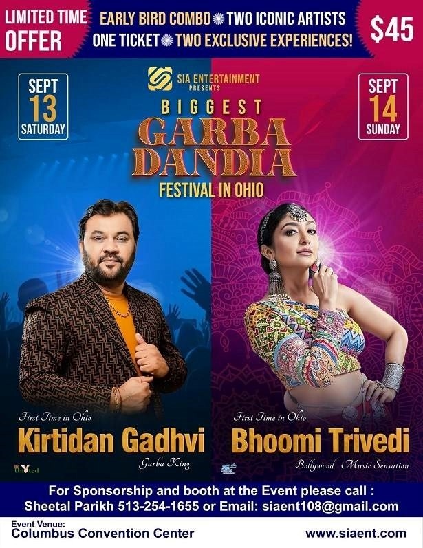 Combo Event - Biggest Garba Dandia Festival in Ohio ( Kirtidan Gadhvi & Bhoomi Trivedi ) 2025, Columbus, Ohio, United States