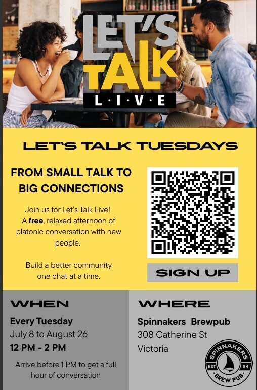 Let's Talk Tuesday at Spinnakers July and August 12 noon-2pm, Victoria, British Columbia, Canada
