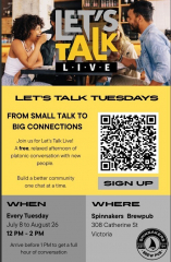 Let's Talk Tuesday at Spinnakers July and August 12 noon-2pm