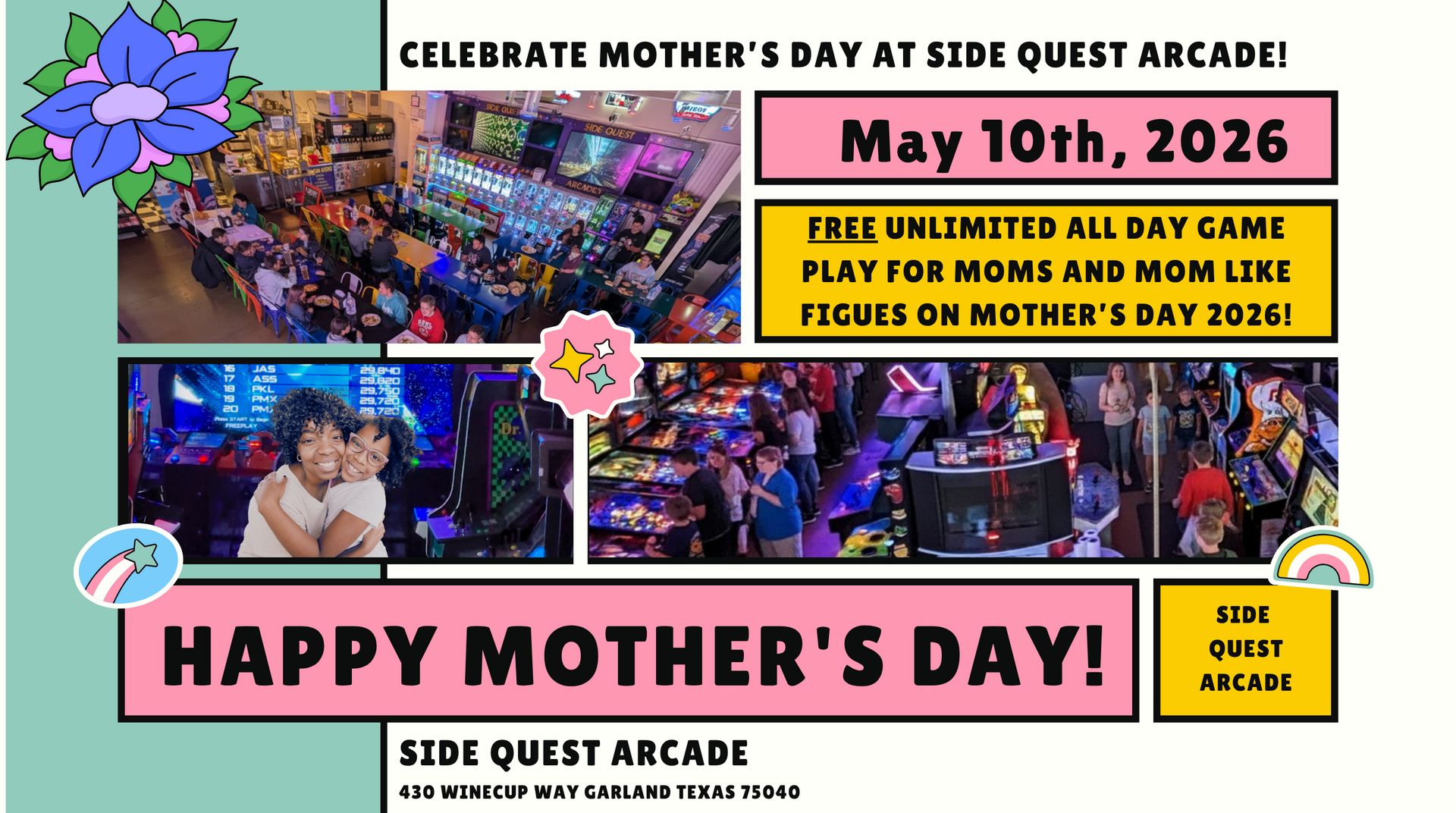 Sunday Arcade Fun Celebrate Mother's Day 2026 DFW texas at Side Quest Arcade Free Fun for ...