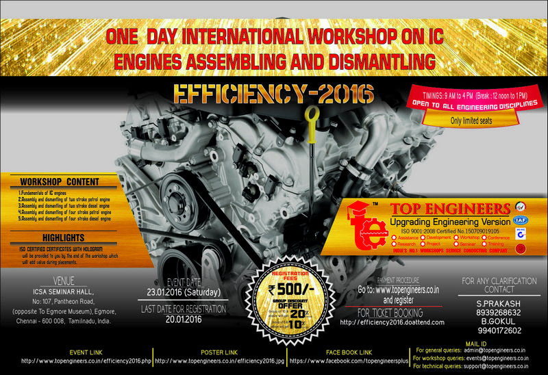 Workshop on IC Engines Assembling and Dismantling(Efficiency-2016), Chennai, Tamil Nadu, India