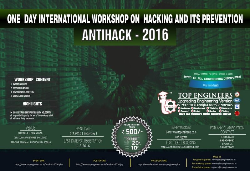 Workshop on Hacking and Its Prevention (Antihack-2016), Pondicherry, Puducherry, India
