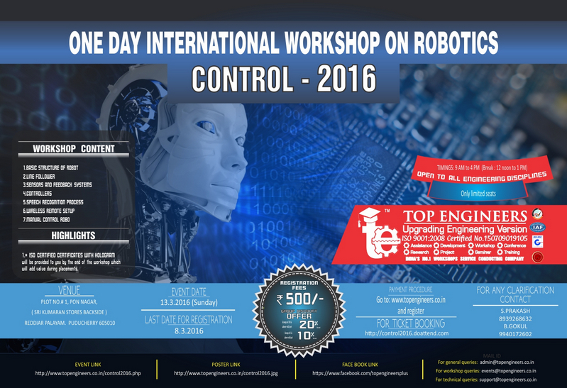 Workshop on Robotics (Control-2016), Pondicherry, Puducherry, India
