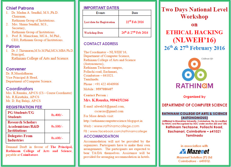 Two Days National Level Workshop on ETHICAL HACKING (NLWEH’16), Coimbatore, Tamil Nadu, India