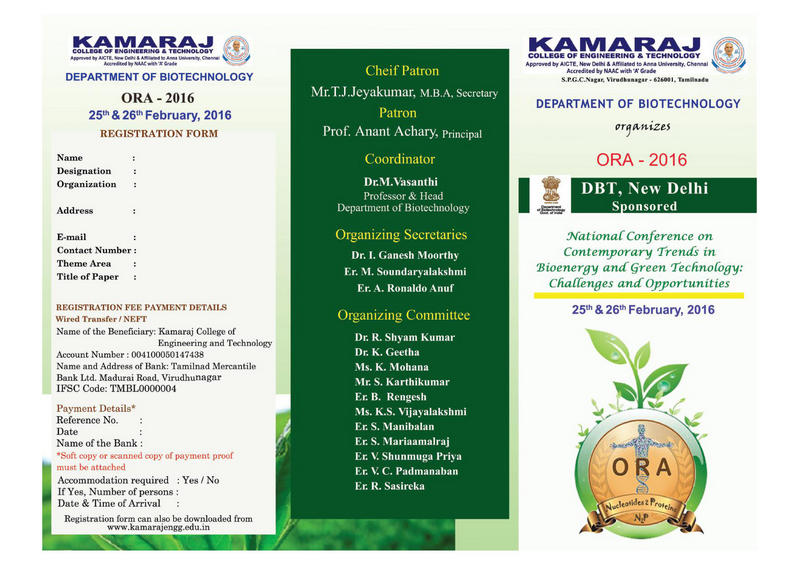 National Conference on Contemporary Trends in Bioenergy and Green Technology: Challenges and Opportunities, Virudhunagar, Tamil Nadu, India