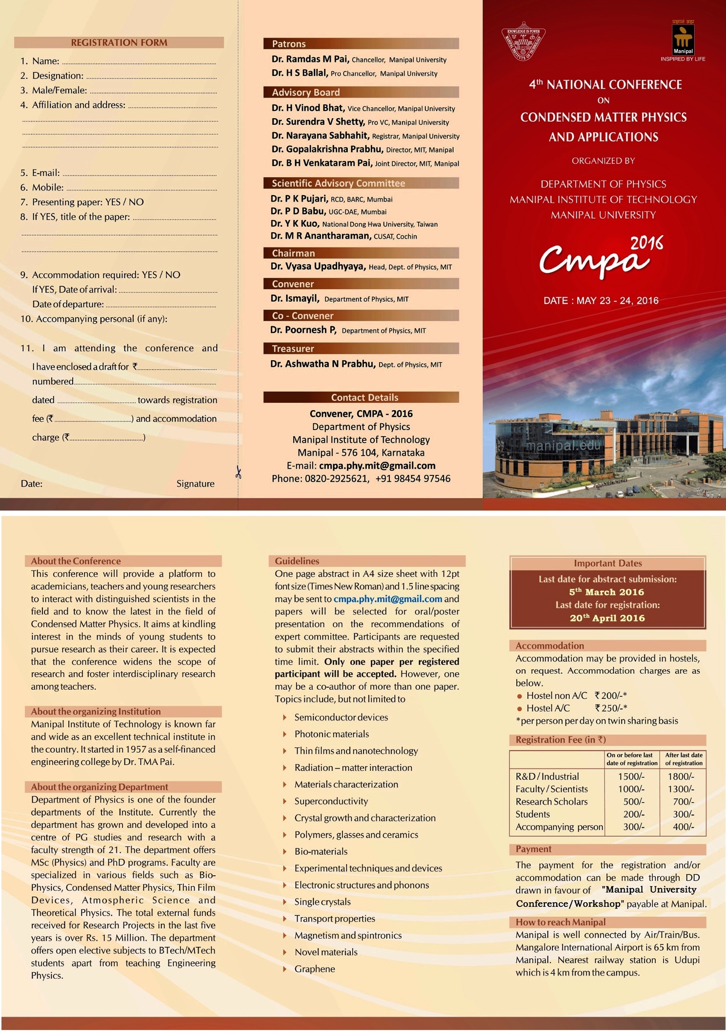 4th National Conference on Condensed Matter Physics and Applications (CMPA – 2016), Manipal, Karnataka, India
