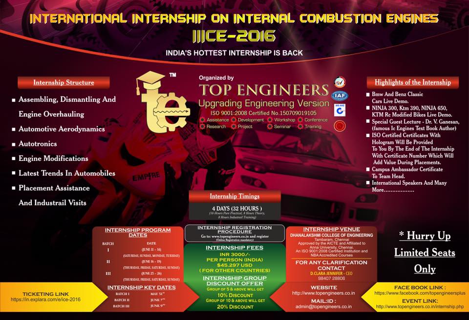 International Internship on Internal Combustion Engines (IIICE-2016), Chennai, Tamil Nadu, India