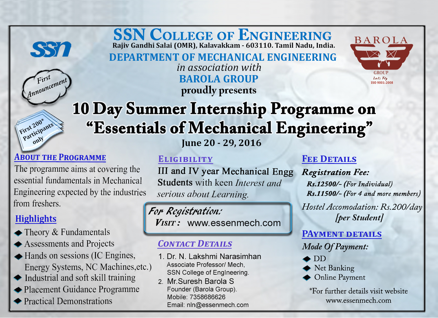 Summer Internship Workshop on Essentials of Mechanical Engineering, Chennai, Tamil Nadu, India