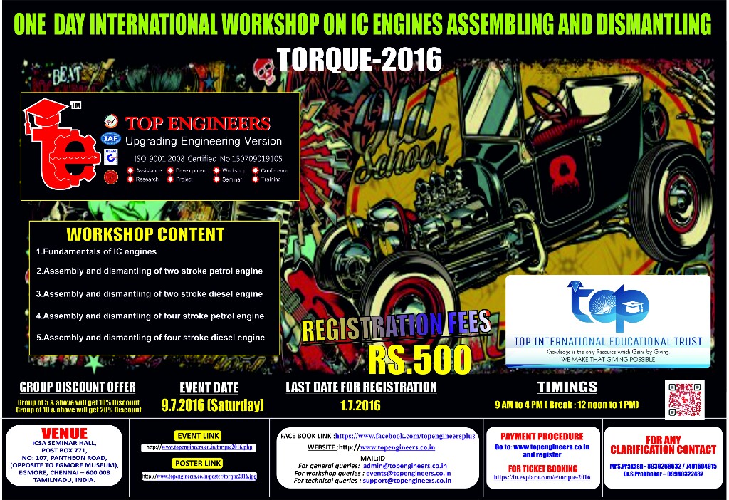 One day international workshop on IC Engines Assembling and Dismantling (TORQUE-2016), Chennai, Tamil Nadu, India