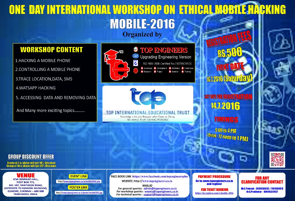 One Day International Workshop on Ethical Mobile Hacking  (MOBILE-2016), Chennai, Tamil Nadu, India