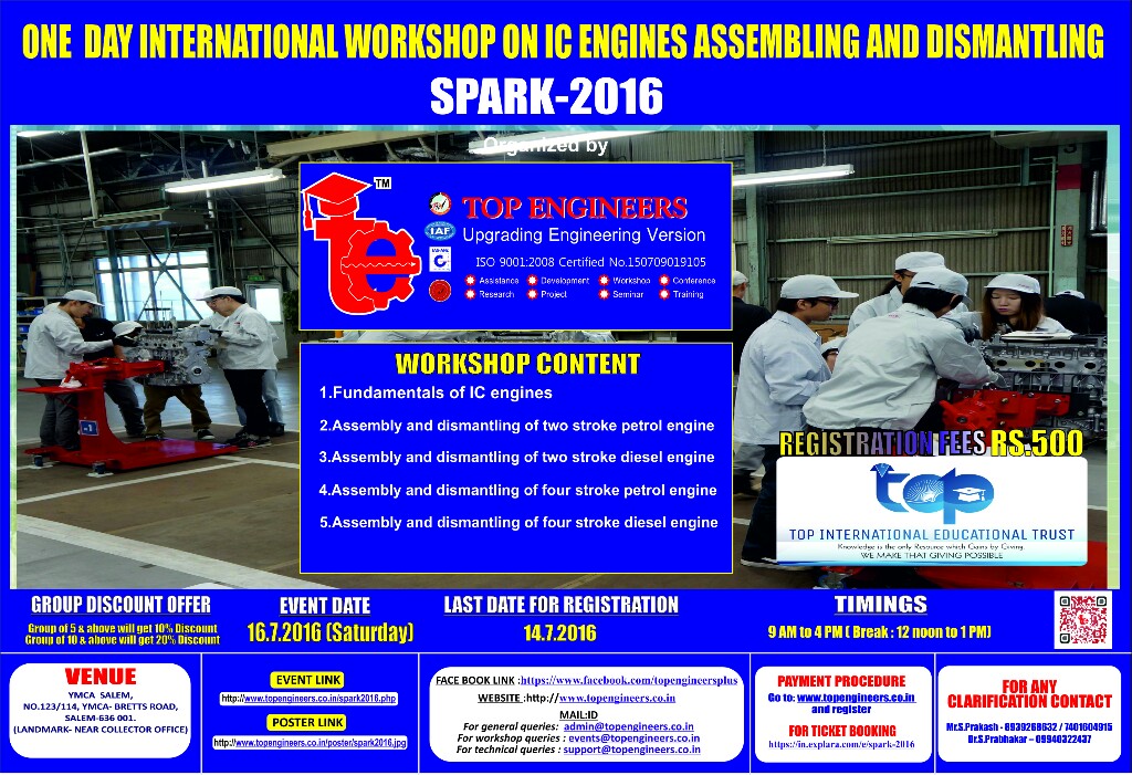 One Day International Workshop on Ic Engines Assembling And Dismantling (SPARK-2016), Salem, Tamil Nadu, India