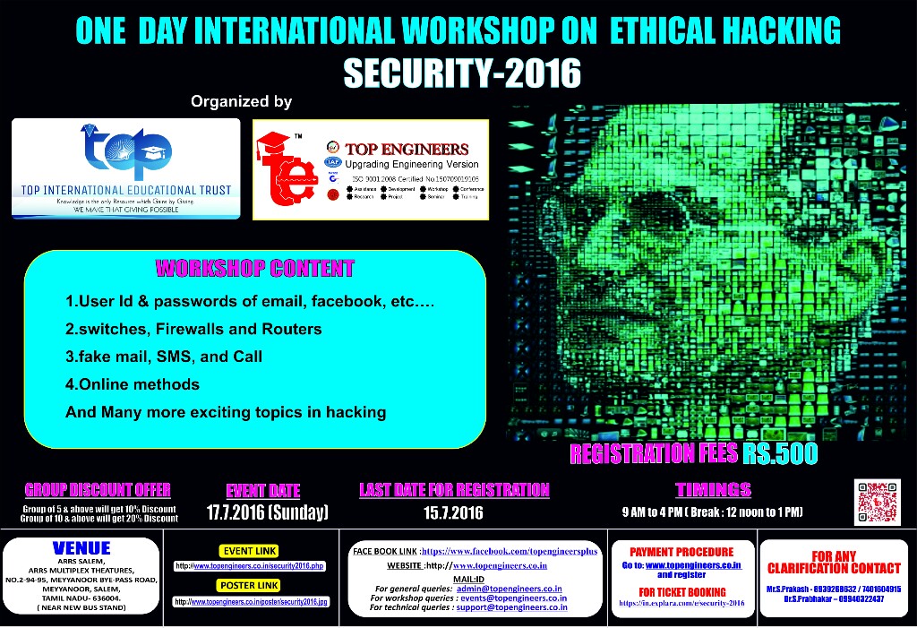 One Day International Workshop on Ethical Hacking (SECURITY-2016), Salem, Tamil Nadu, India