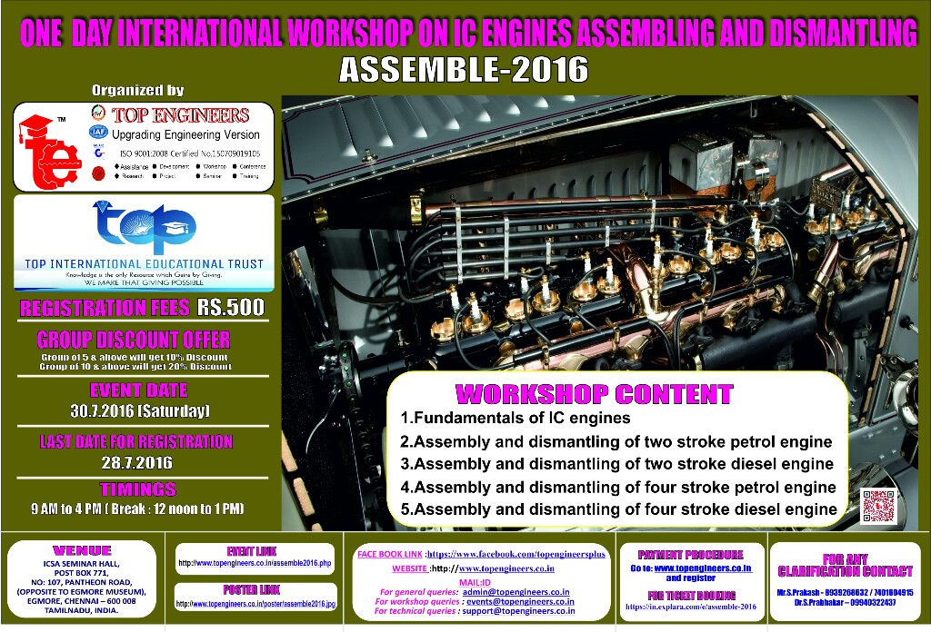 One Day International Workshop on Ic Engines Assembling And Dismantling (ASSEMBLE-2016), Chennai, Tamil Nadu, India