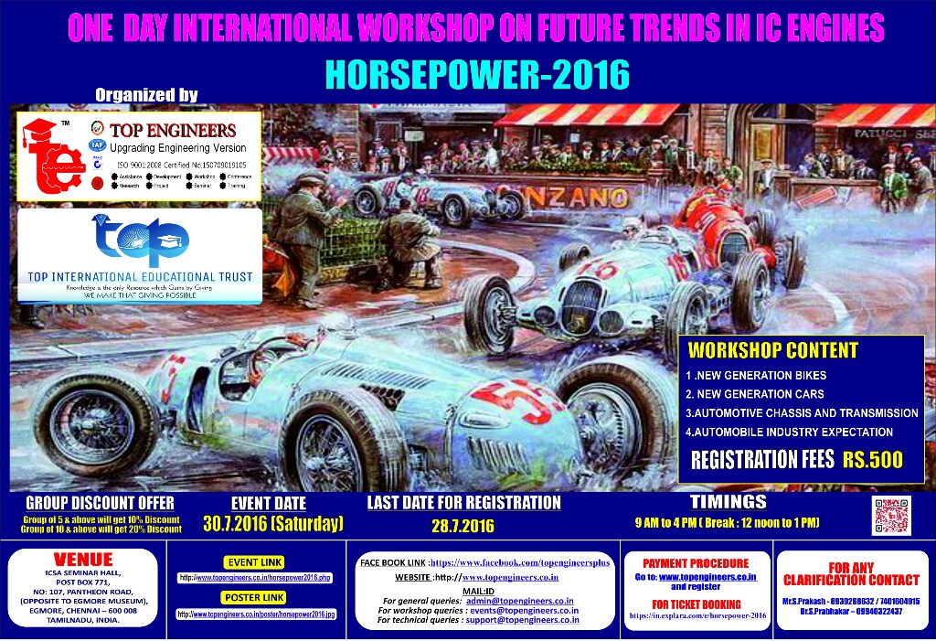One Day International Workshop on Future Trends in Ic Engines (HORSEPOWER-2016), Chennai, Tamil Nadu, India