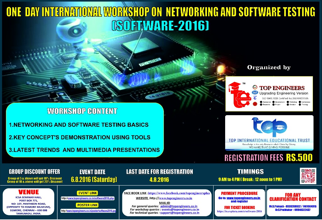 One Day International Workshop on Networking and Software Testing (SOFTWARE-2016), Chennai, Tamil Nadu, India