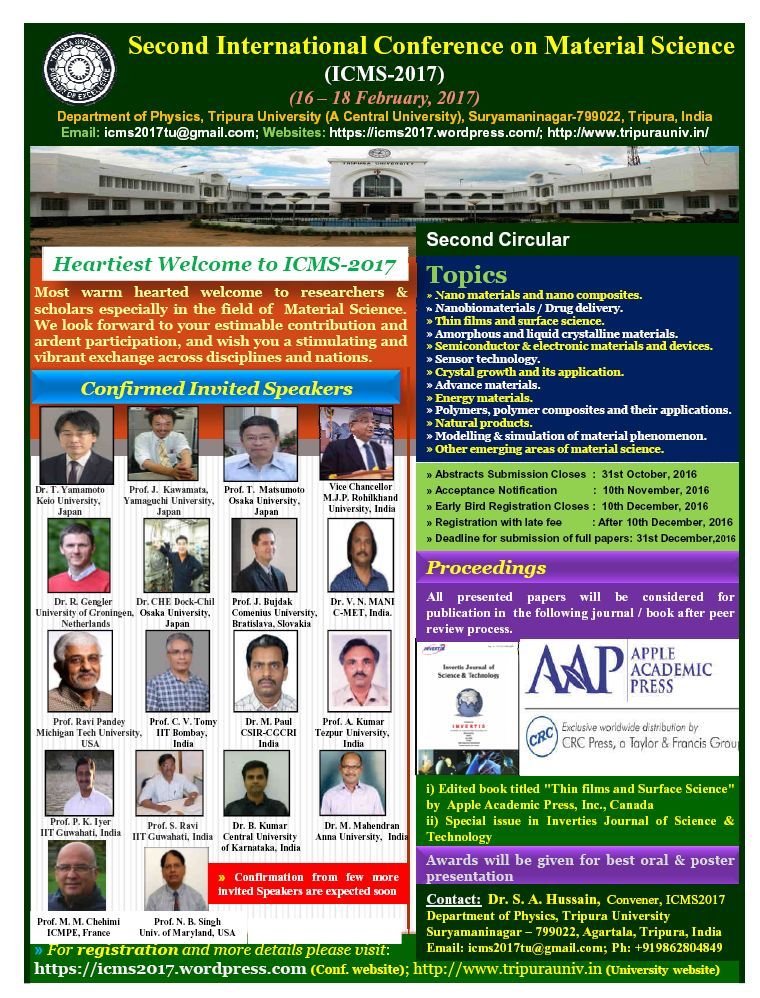 Second International Conference on Materials Science - ICMS2017, West Tripura, Tripura, India