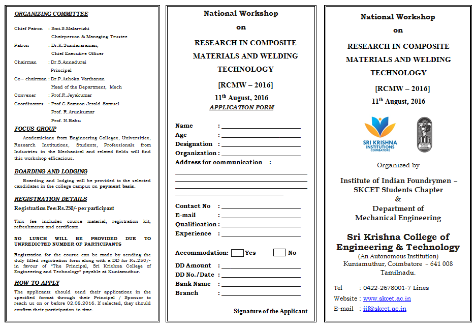 National Workshop on Research In Composite Materials And Welding Technology, Coimbatore, Tamil Nadu, India
