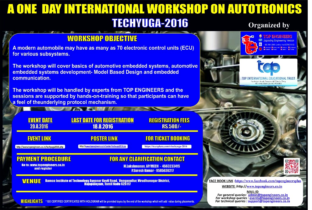TECHYUGA-2016 (One Day National Level Workshop on Autotronics), Virudhunagar, Tamil Nadu, India