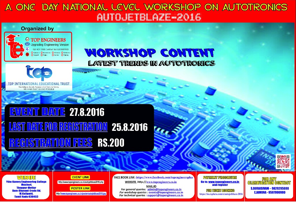 AUTOJETBLAZE-2016 (One Day National Level Workshop on Autotronics), Salem, Tamil Nadu, India