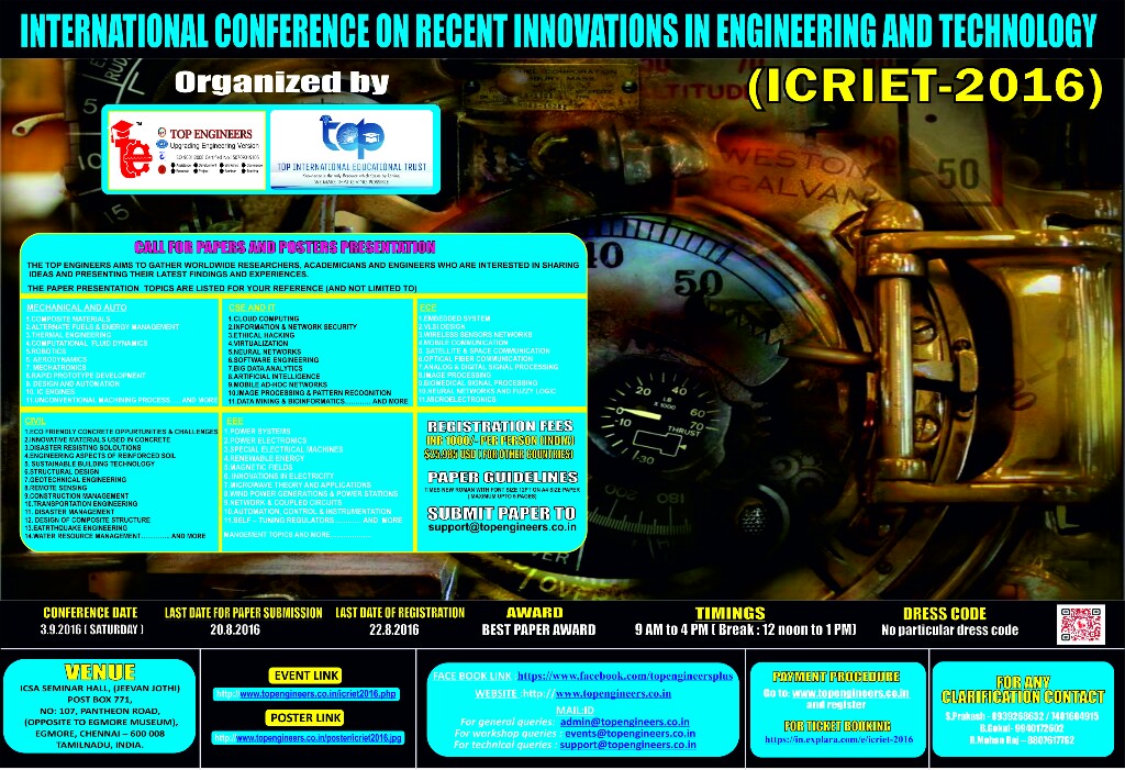ICRIET-2016 (International Conference on Recent Innovations in Engineering and Technology), Chennai, Tamil Nadu, India