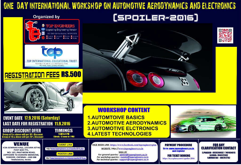 SPOILER-2016 (One Day International Workshop On Automotive Aerodynamics And Electronics), Chennai, Tamil Nadu, India