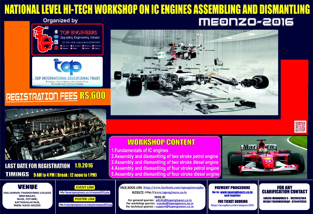 MEQNZO-2016 (National Level Hi-Tech Workshop on IC Engines Assembling and Dismantling ), Chennai, Tamil Nadu, India
