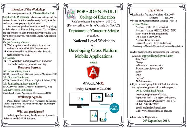 National Level Workshop On Developing Cross Platform Mobile Applications Using "Angular JS", Pondicherry, Puducherry, India