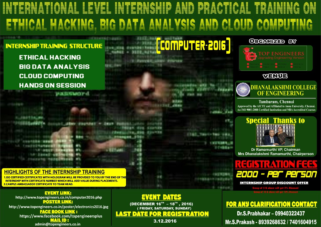 COMPUTER 2016 -International Level Internship and Practical Training on Ethical Hacking, Big Data Analysis and Cloud Computing, Chennai, Tamil Nadu, India