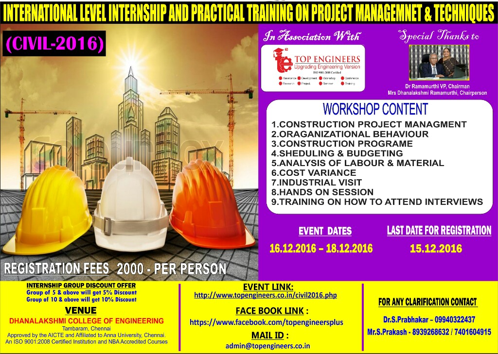 CIVIL 2016 - International Level Internship And Practical Training on Project Managemnet & Techniques, Chennai, Tamil Nadu, India