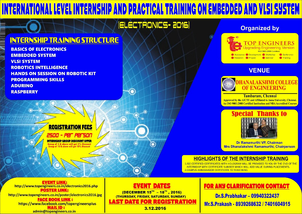 ELECTRONICS 2016 - International Level Internship and Practical Training On Embedded and VLSI System, Chennai, Tamil Nadu, India